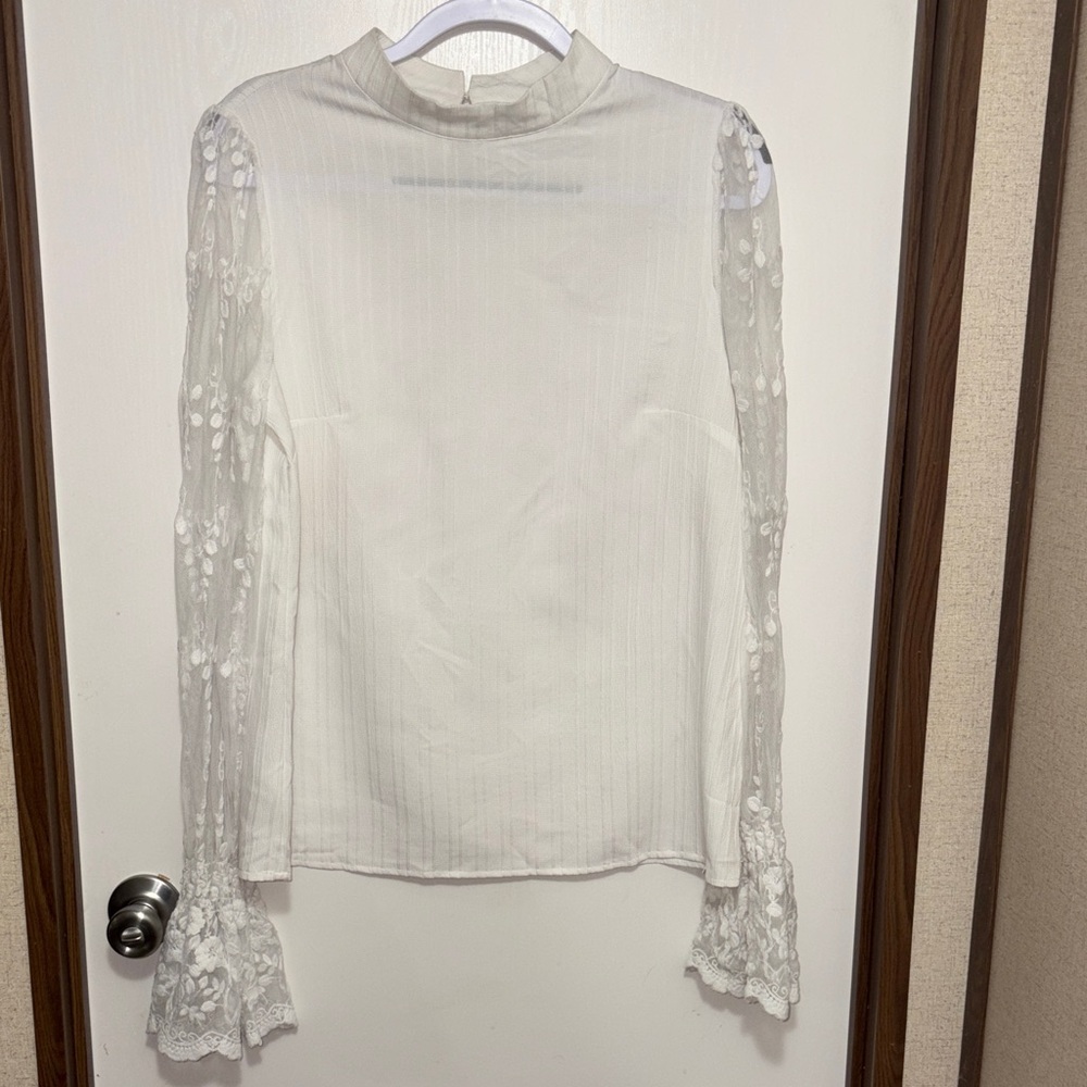White Lace-Sleeve Mock Neck Blouse